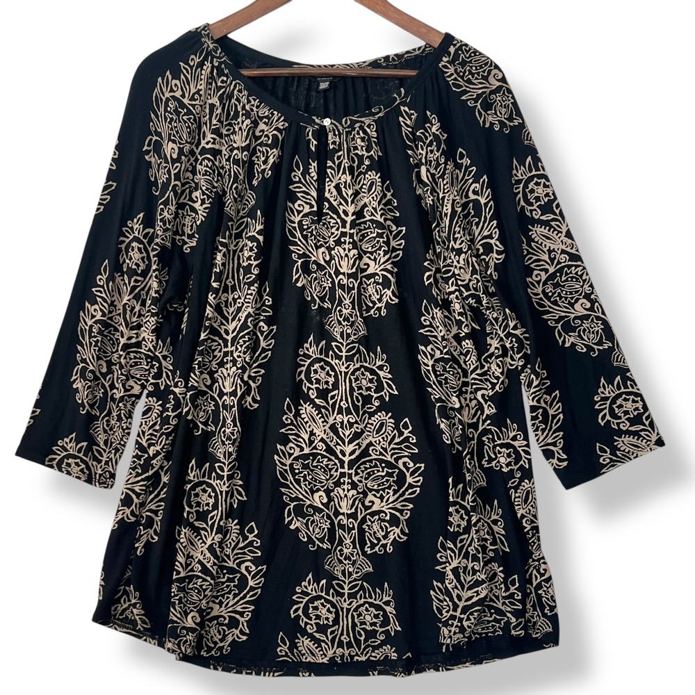 Lucky Brand 2X Blouse Black Tan‎ Floral Damask Boho Peasant Soft Comfy Viscose